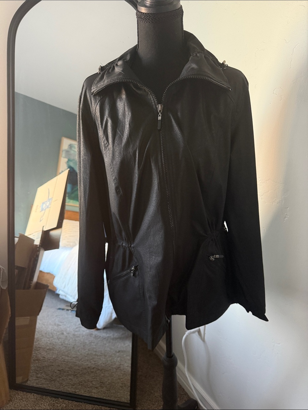 Chico's Black Hooded Zip-Front Raincoat